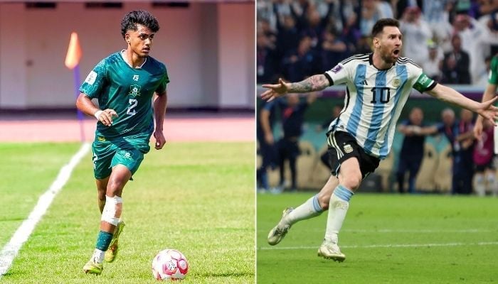 Photo collage shows Pakistans Ahmed Salman (R) and Argentinas Lionel Messi (L) in action for their respective national teams. — Facebook/PakistanFootballOfficial/Reuters