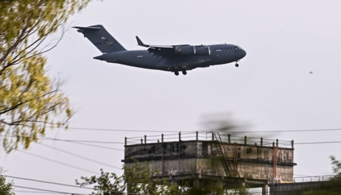 A US Air Force Boeing C-17A Globemaster III aircraft prepares to land at Pakistan’s Nur Khan military airbase in Rawalpindi, April 10, 2026. — AFP