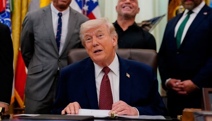 US President Donald Trump speaks about research into mental health treatments in the Oval Office of the White House in Washington, DC, April 18, 2026. — Reuters