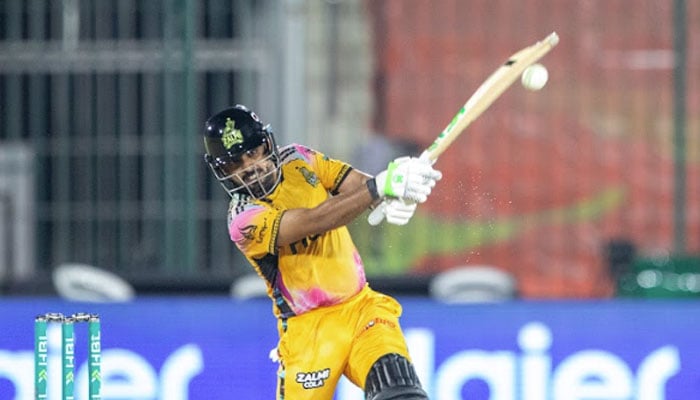 Peshawar Zalmi skipper Babar Azam plays a shot during the PSL 11 match against Quetta Gladiators at National Bank Stadium, Karachi, on April 19, 2026. — PSL