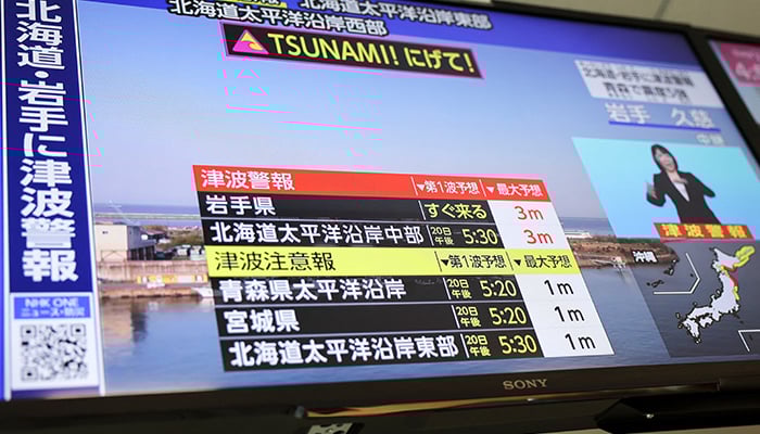 A television screen shows a news report on Japan Meteorological Agencys tsunami warning after an earthquake struck off the northeastern coast of Japan, April 20, 2026. — Reuters