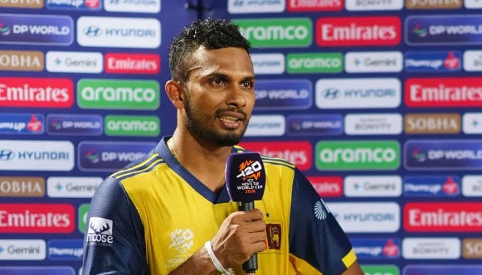 Dasun Shanaka of Sri Lanka speaks at the post-match during the ICC Mens T20 World Cup 2026 Super Eights match against Pakistan at Pallekele Cricket Stadium on February 28, 2026 in Kandy, Sri Lanka. — ICC