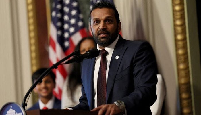 Kash Patel speaks after being sworn in as FBI director by US Attorney General Pam Bondi in the Eisenhower Executive Office Building (EEOB) on the White House campus in Washington, DC, US, February 21, 2025.— Reuters