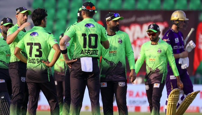 Lahore Qalandars players celebrate a wicket during their PSL 11 match against Quetta Gladiators at Gaddafi Stadium, Lahore, on April 21, 2026. — PSL