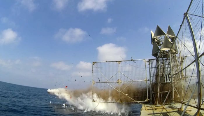 An indigenously developed Anti-Ship Weapon System Taimoor Air-Launched Cruise Missile hits its target with precision in this image released on April 21, 2026. — ISPR