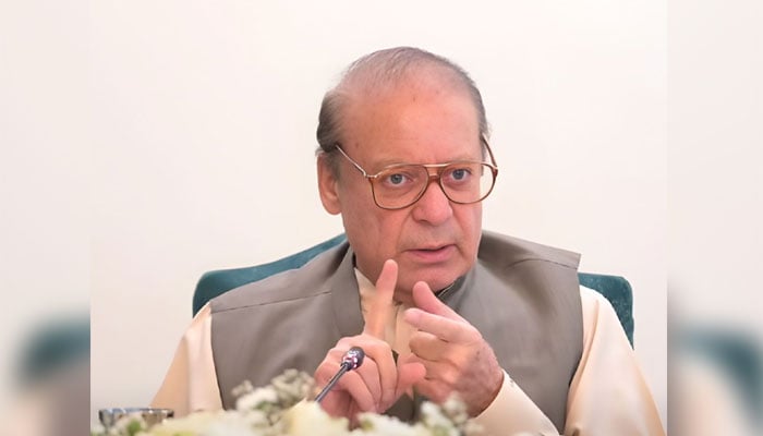 PML-N President Nawaz Sharif addresses his party’s parliamentary board for GB on April 21, 2026. — Geo News/screengrab