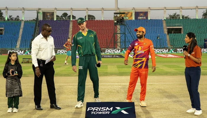 Multan Sultans skipper Ashton Turner (centre) and Rawalpindiz captain Mohammad Rizwan (centre-right) at the toss for their PSL 11 match at National Bank Stadium, Karachi, on April 21, 2026. — PSL