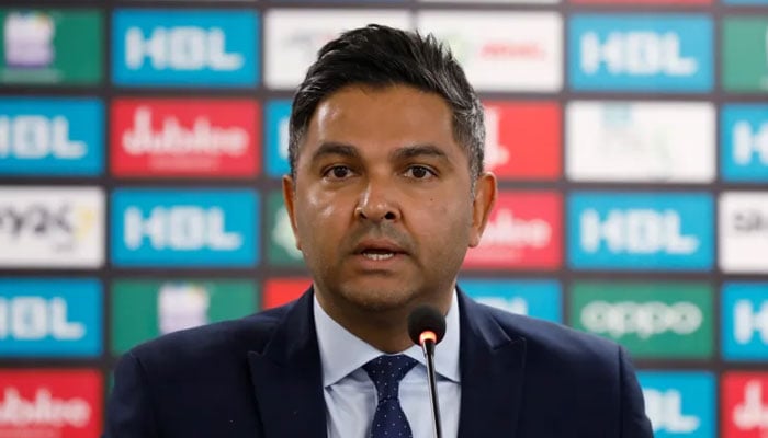 This file photo shows ICC General Manager Wasim Khan addressing a press conference. — AFP