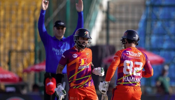 RawalPindiz batters Kamran Ghulam (right) and Mohammad Rizwan pictured during their Pakistan Super League (PSL) 11 match against Islamabad United at the National Bank Stadium in Karachi on April 22, 2026. — PSL