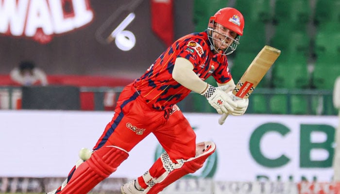 Karachi Kings skipper David Warner plays a shot during the PSL match against Lahore Qalandars at Gaddafi Stadium, Lahore, on April 23, 2026. — PSL