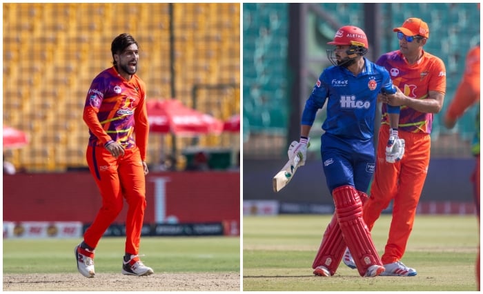 This collage shows Rawalpindiz pacer Mohammad Amir (left) and Faheem Ashraf of Islamabad United, who briefly engage in on-field altercation during the PSL match at National Bank Stadium, Karachi, on April 23, 2026. — PSL