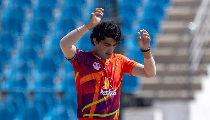 Rawalpindizs Naseem Shah reacts during their PSL 11 match against Islamabad United at the National Bank Stadium in Karachi on April 23, 2026. — PSL