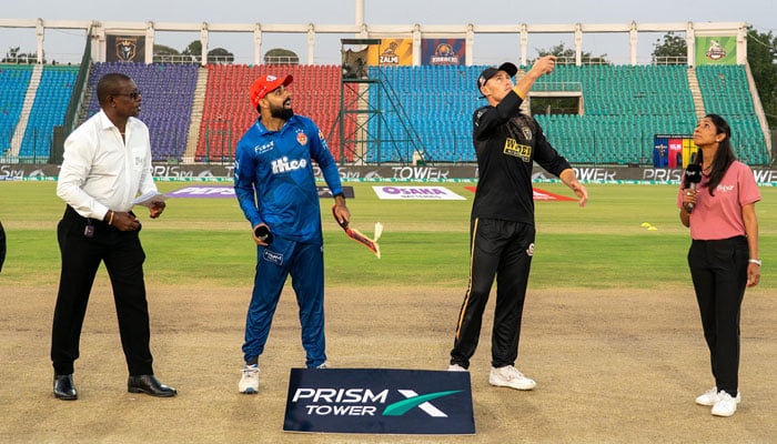 Hyderabad Kingsmens Marnus Labuschagne (second from right) flips the coin as Islamabad United captain Shadab Khan (second from left) calls during the toss ahead of their Pakistan Super League (PSL) 11 match at the National Bank Stadium in Karachi on April 24, 2026. — X/ PSL