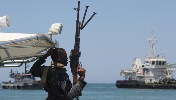 Representational image of a maritime policeman on a tag-boat guards oil tanker Aris-13 as it sails to dock on the shores of the Gulf of Aden in the city of Bosasso, northern Somalias semi-autonomous region of Puntland, March 19, 2017. — Reuters