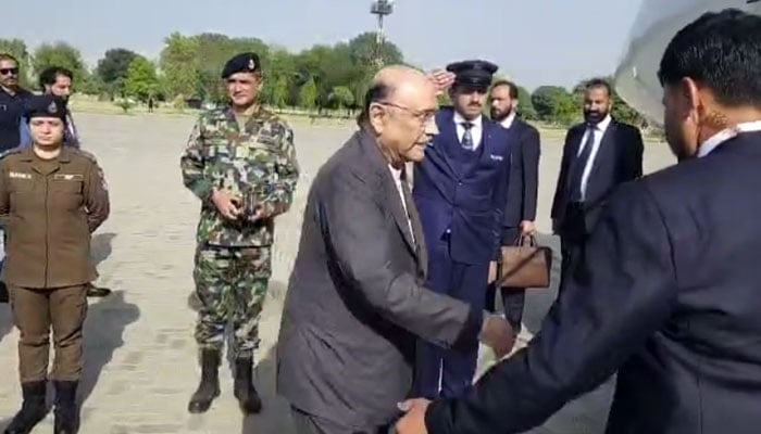 President Asif Ali Zardari boards aircraft at Lahore Airport as he departs for a five-day official visit to China on April 25, 2026. — Screengrab via Geo News