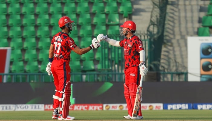 Karachi Kings captain David Warner (right) and batter Reeza Hendricks bump fists during their PSL 11 match against Quetta Gladiators at the Gaddafi Stadium, Lahore, April 25, 2026. — PSL