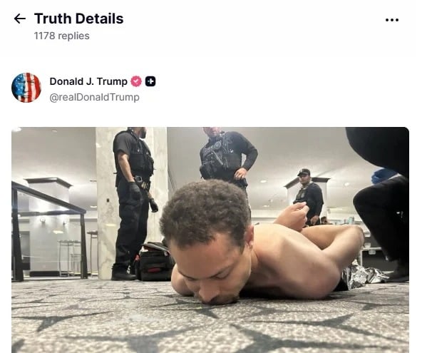 The alleged shooter lies prone on the floor after being subdued by Secret Service agents. — TruthSocial/@RealDonaldTrump