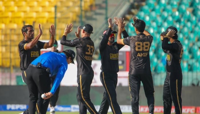 Hyderabad Kingsmen players celebrate a wicket during their PSL 11 match against RawalPindiz at National Bank Stadium, Karachi, April 26, 2026. — PSL