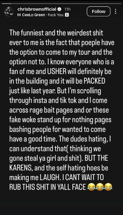 Chris Brown taunts women criticising his tour, but dudes hating is fine