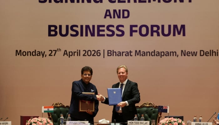 Indias Commerce and Industry Minister Piyush Goyal (left) and New Zealands Trade and Investment Minister Todd McClay shake hands during the signing ceremony of the Free Trade Agreement at Bharat Mandapam in New Delhi, April 27, 2026. — Reuters