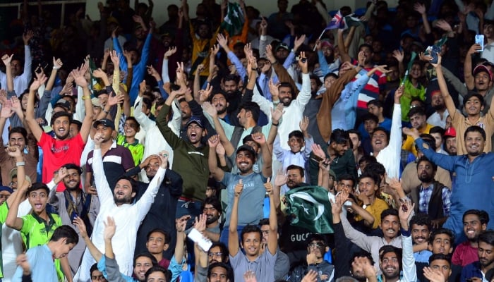 Fans react during the tri-nation series final match between Pakistan and New Zealand at National Bank Stadium, Karachi Friday, February 14, 2025. — PPI