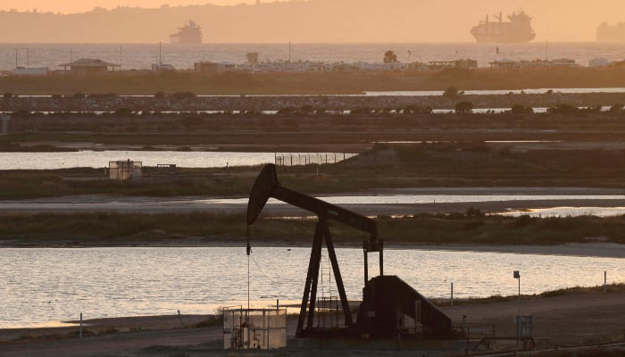 A pumpjack stands idle in the Huntington Beach oil field on April 23, 2026 in Huntington Beach, California, US. — AFP