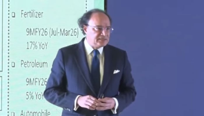 Finance Minister Muhammad Aurangzeb addressing the European Union Business Forum in Islamabad on April 28, 2026. — X@RadioPakistan