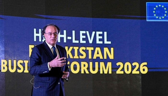 Federal Minister for Finance and Revenue, Senator Muhammad Aurangzeb, speaks during the High-Level European Union-Pakistan Business Forum in Islamabad on April 28, 2026. — AFP
