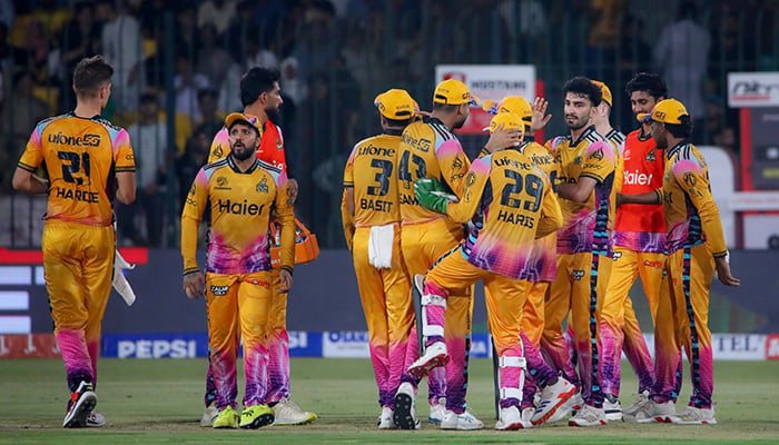 Peshawar Zalmi players celebrate a wicket during the PSL 11 Qualifier against Islamabad United at National Bank Stadium, Karachi, on April 28, 2026. — PSL
