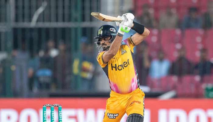 Peshawar Zalmis Babar Azam plays a shot during their PSL 11 Qualifier against Islamabad United at the National Bank Stadium in Karachi on April 28, 2026. — PSL
