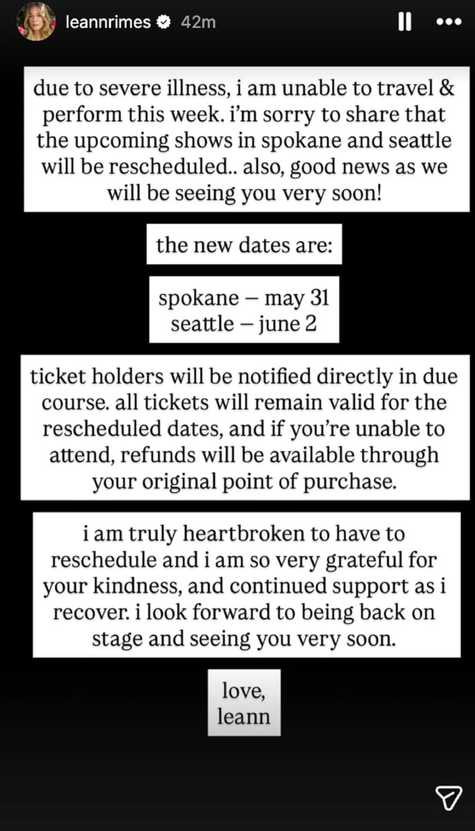 LeAnn Rimes forced to reschedule shows amid severe health scare