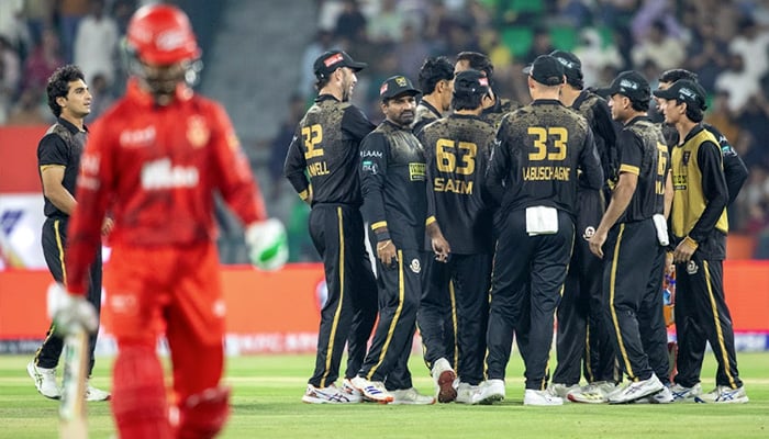 Hyderabad Kingsmen players celebrate a wicket during the PSL 11s second eliminator against Islamabad United at Gaddafi Stadium, Lahore, on May 1, 2026. — PSL
