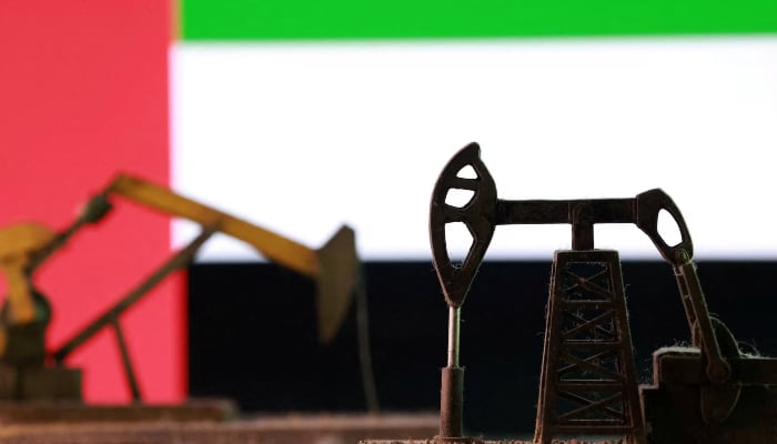 3D-printed oil pump jacks and a United Arab Emirates (UAE) flag appear in this illustration taken March 2, 2026. — Reuters