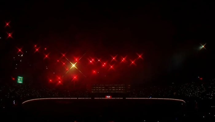 Fireworks illuminate the sky during the PSL 11 closing ceremony at Gaddafi Stadium in Lahore on May 3, 2026. — Geo News