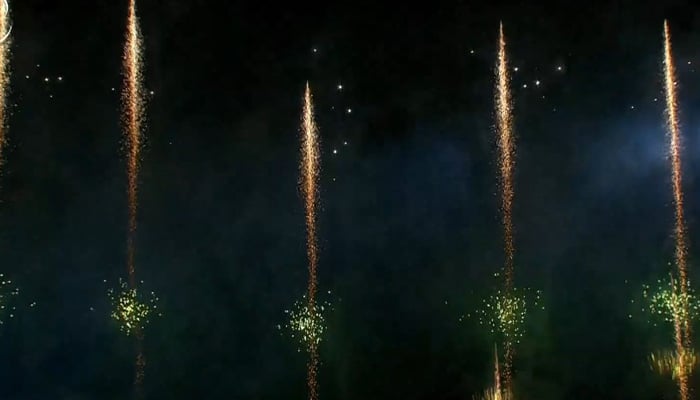 Fireworks illuminate the sky during the PSL 11 closing ceremony at Gaddafi Stadium in Lahore on May 3, 2026. — Geo News