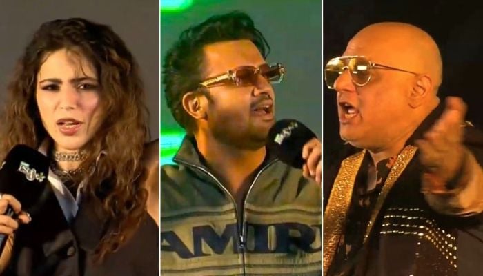 (From left) Aimg Baig, Atif Aslam, and Ali Azmat perform at the closing ceremony of PSL 11 at Lahore’s Gaddafi Stadium, on May 3, 2026. — Geo News