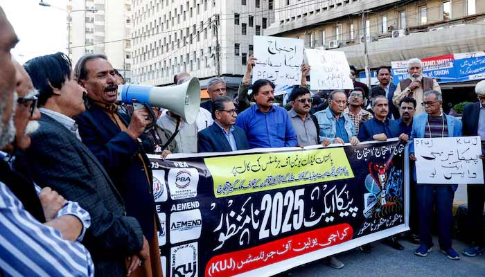 Journalists carry placards and a banner in a protest against what they call curbs on press freedom and excessive control of the digital landscape, in Karachi, Pakistan January 28, 2025.&mdash; Reuters/File