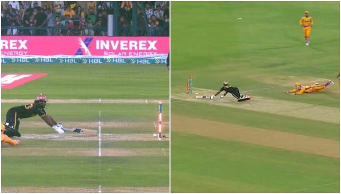 The collage of photos shows Hyderabad Kingsmens Kusal Perera dives to save his wicket as ball lits up the stumps during their PSL 11 final against Peshawar Zalmi at Gaddafi Stadium, Lahore on May 3, 2026. — Screengrab via X/PSL