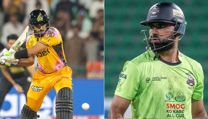 This collage of photos features Peshawar Zalmi captain Babar Azam (left) and Lahore Qalandars opening batter Fakhar Zaman. — PSL