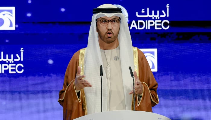 UAE Minister of Industry and Advanced Technology and ADNOC Managing Director and Group CEO Sultan Ahmed Al-Jaber speaks during the opening ceremony of the annual energy industry event Abu Dhabi International Petroleum Exhibition and Conference (ADIPEC) in Abu Dhabi, United Arab Emirates, November 3, 2025. — Reuters