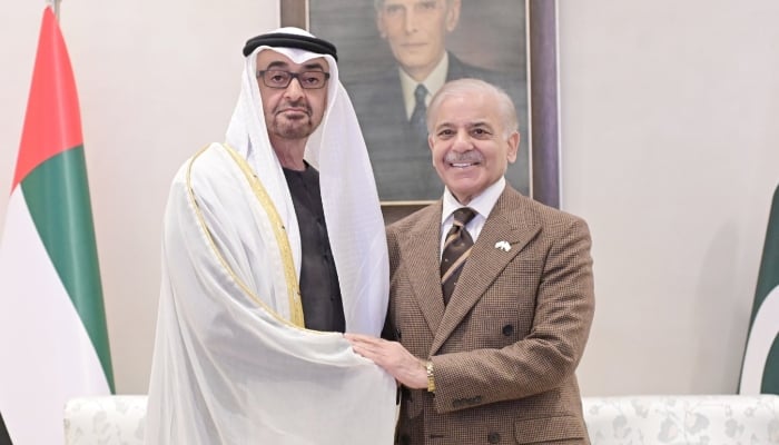 Prime Minister Shehbaz Sharif (rght) and UAE President Mohamed bin Zayed Al Nahyan shake hand during their meeting in Islambad on December 26, 2025. — X@CMShehbaz