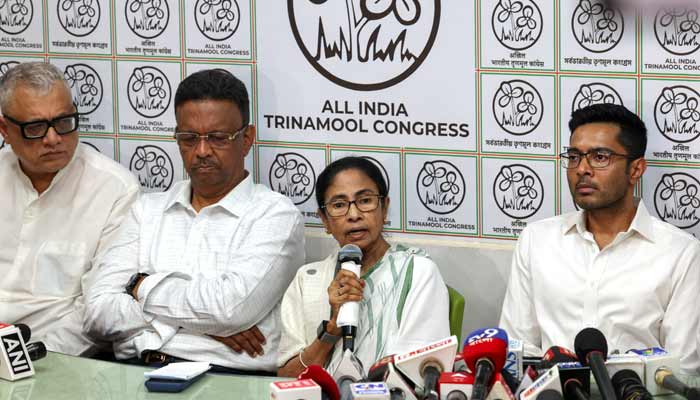 West Bengal Chief Minister Mamata Banerjee, leader of Trinamool Congress (TMC), along with member of parliament Abhishek Banerjee (right), addresses a press conference, as the Bharatiya Janata Party leads in the West Bengal state assembly elections, in Kolkata, India, May 5, 2026.— Reuters