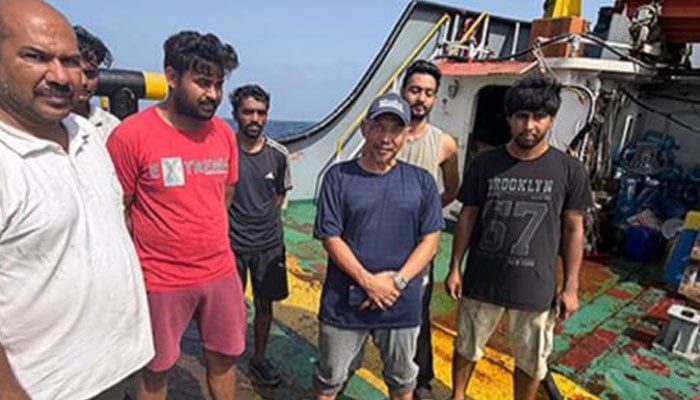 This image shows foreign crew members rescued by the Pakistan Navy during an operation in the Arabian Sea, May 5, 2026. — ISPR
