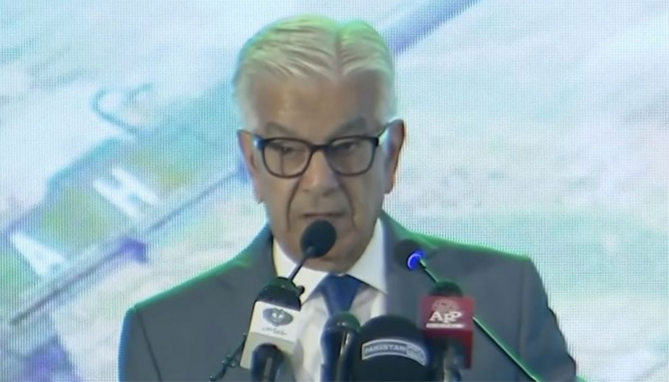 Defence Minister Khawaja Asif addresses a launch ceremony of a picture book titled “The Battle of Truth (Marka-e-Haq)” in Islamabad on May 5, 2026. — Geo News/screengrab