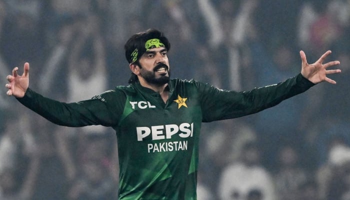 Pakistans Usman Tariq celebrates after taking the wicket of South Africas Dewald Brevis during the third and final T20I between Pakistan and South Africa at Gaddafi Stadium, Lahore, November 1, 2025. — AFP