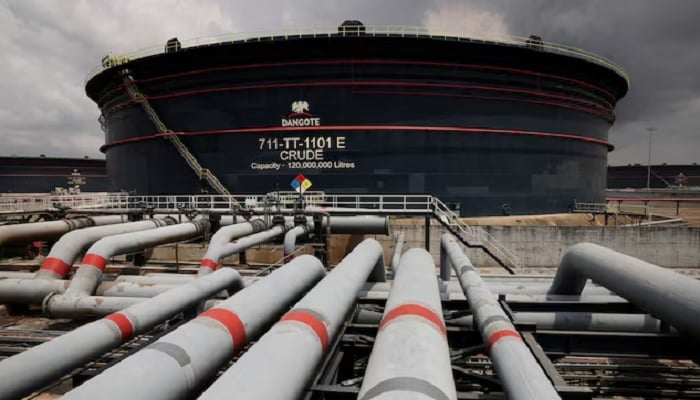 A Dangote crude oil tank is seen inside the Dangote Industries oil refinery and fertiliser plant site in the Ibeju Lekki district of Lagos, Nigeria, March 2, 2026.— Reuters