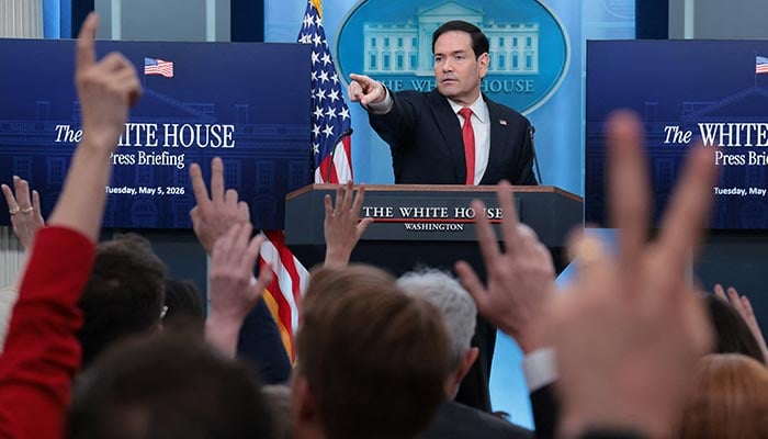 US Secretary of State Marco Rubio points as members of the media raise their hands during a press briefing in the James S Brady Press Briefing Room at the White House in Washington, DC, US, May 5, 2026. — Reuters
