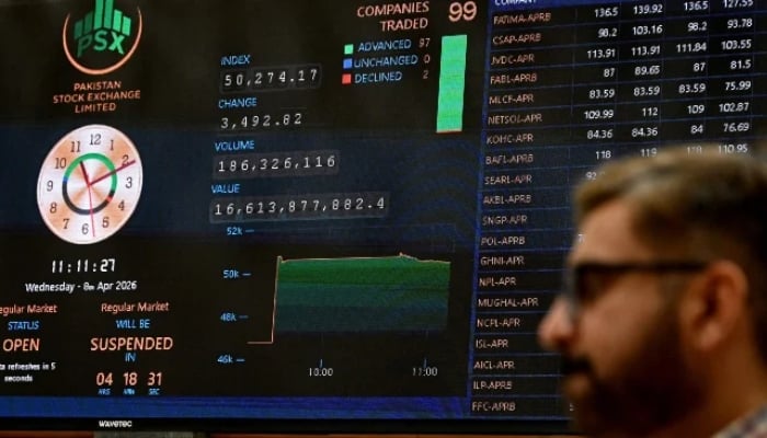 A stockbroker walks past share prices on a digital board during a trading session at the Pakistan Stock Exchange (PSX) in Karachi on April 8, 2026. — AFP