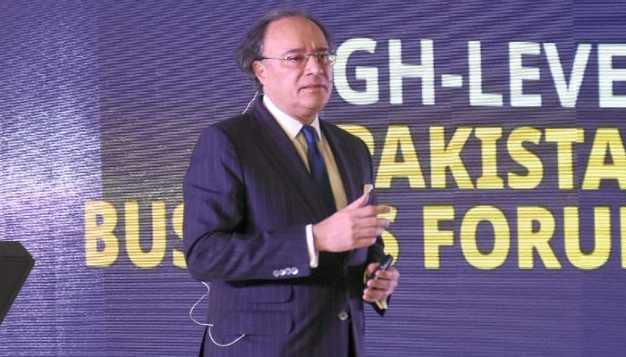 Finance Minister Muhammad Aurangzeb addressing the inaugural session of the EU–Pakistan Business Forum at local hotel in Islamabad, April 28, 2026. — Online