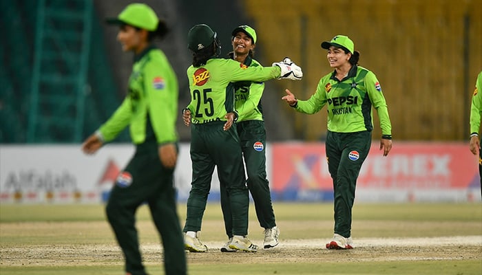 Pakistan players celebrate a wicket during the second ODI match against Zimbabwe women at National Bank Stadium, Karachi, on May 6, 2026. — PCB